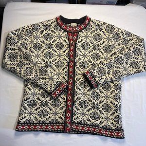 LL Bean Women 100% Cotton Nordic Navy White Snowflake Button Cardigan Sweater La